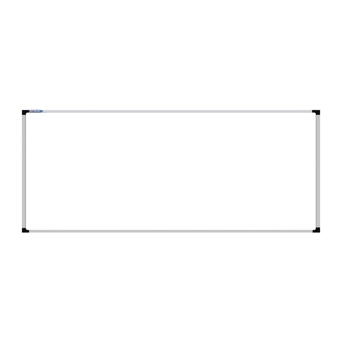 This image shows a rectangular whiteboard with a silver frame. The corners of the frame are reinforced with black plastic. The whiteboard has a tray at the bottom for holding markers and erasers.