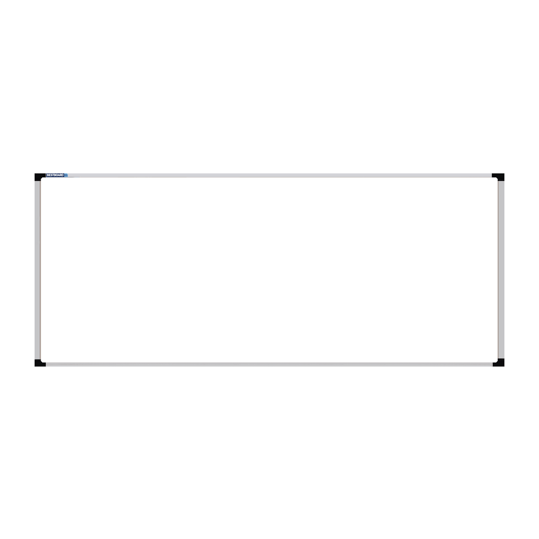 This image shows a rectangular whiteboard with a silver frame. The corners of the frame are reinforced with black plastic. The whiteboard has a tray at the bottom for holding markers and erasers.