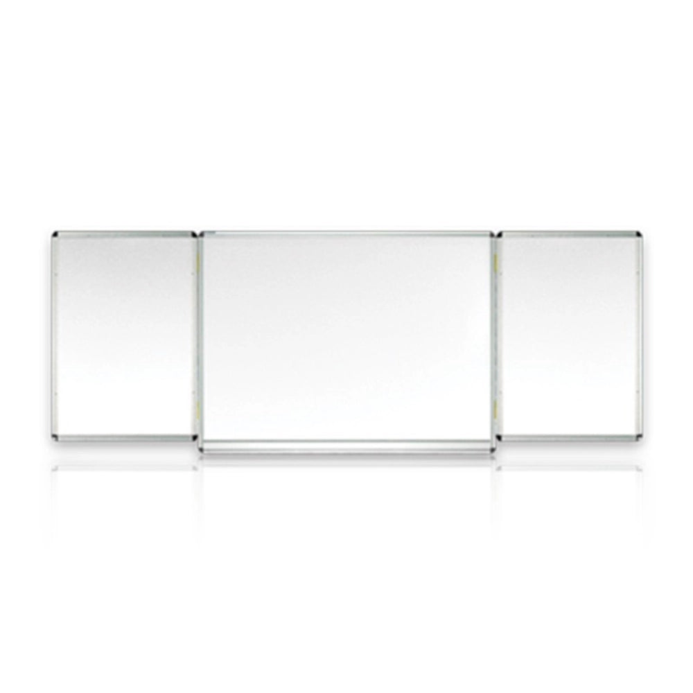 A white hinge board consisting of a center panel and two double-sided swing panels, with a fixed pen rail and rounded plastic corners.