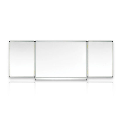 A white hinge board consisting of a center panel and two double-sided swing panels, with a fixed pen rail and rounded plastic corners.