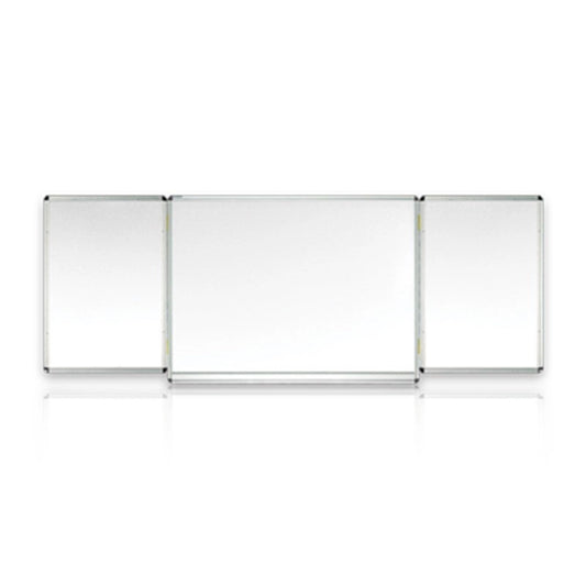 A white hinge board consisting of a center panel and two double-sided swing panels, with a fixed pen rail and rounded plastic corners.