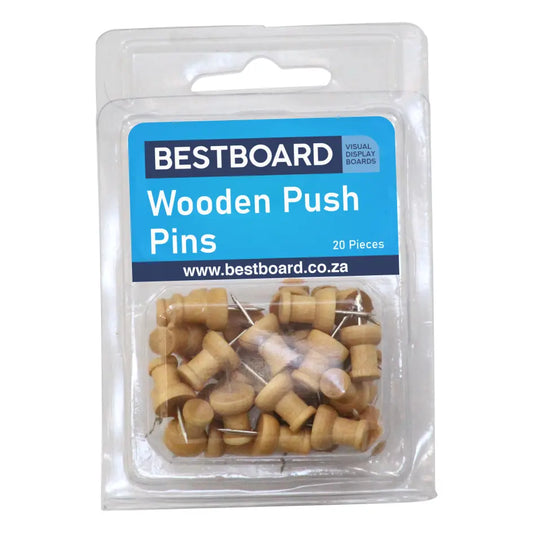 Clear Bestboard box filled with 20 wooden push pins