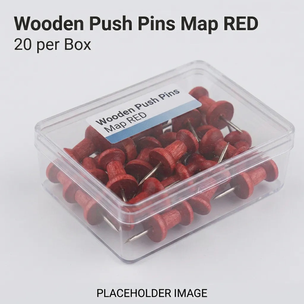 Clear box filled with 20 wooden red coloured push pins
