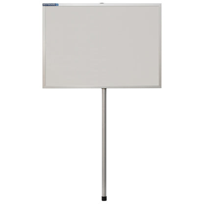 A white magnetic dry-erase board with an aluminum frame and handle, standing upright on a white background.