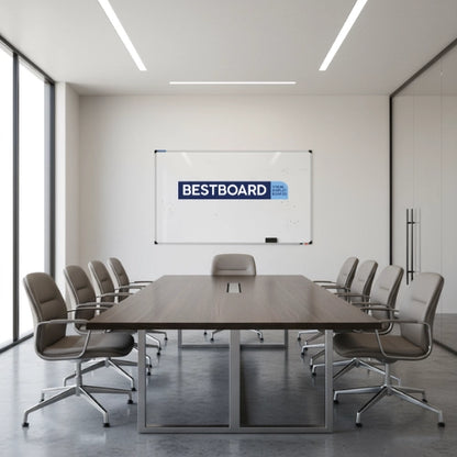 Modern conference room with a large table and chairs, featuring a whiteboard with 'BESTBOARD' branding.
