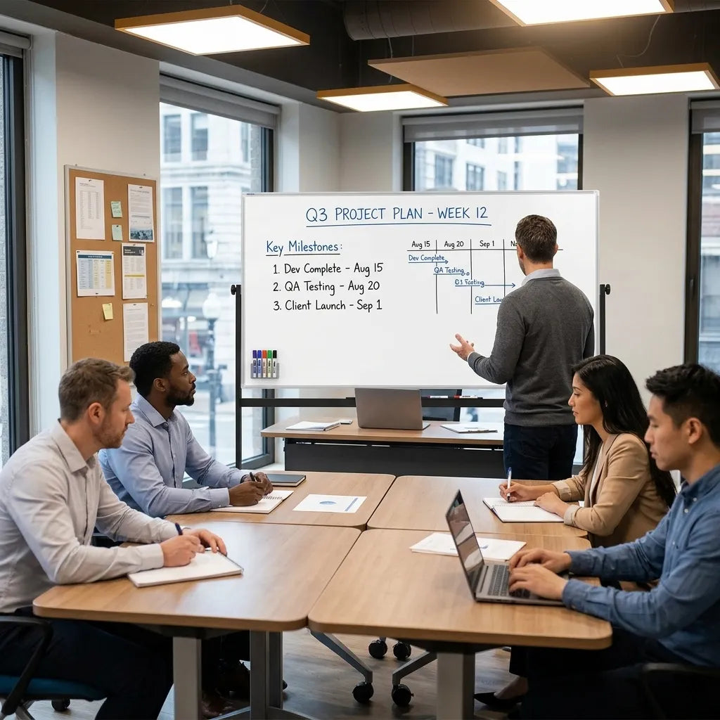 A group of five colleagues in a modern office room around a conference table, with one man standing by a mobile double sided whiteboard