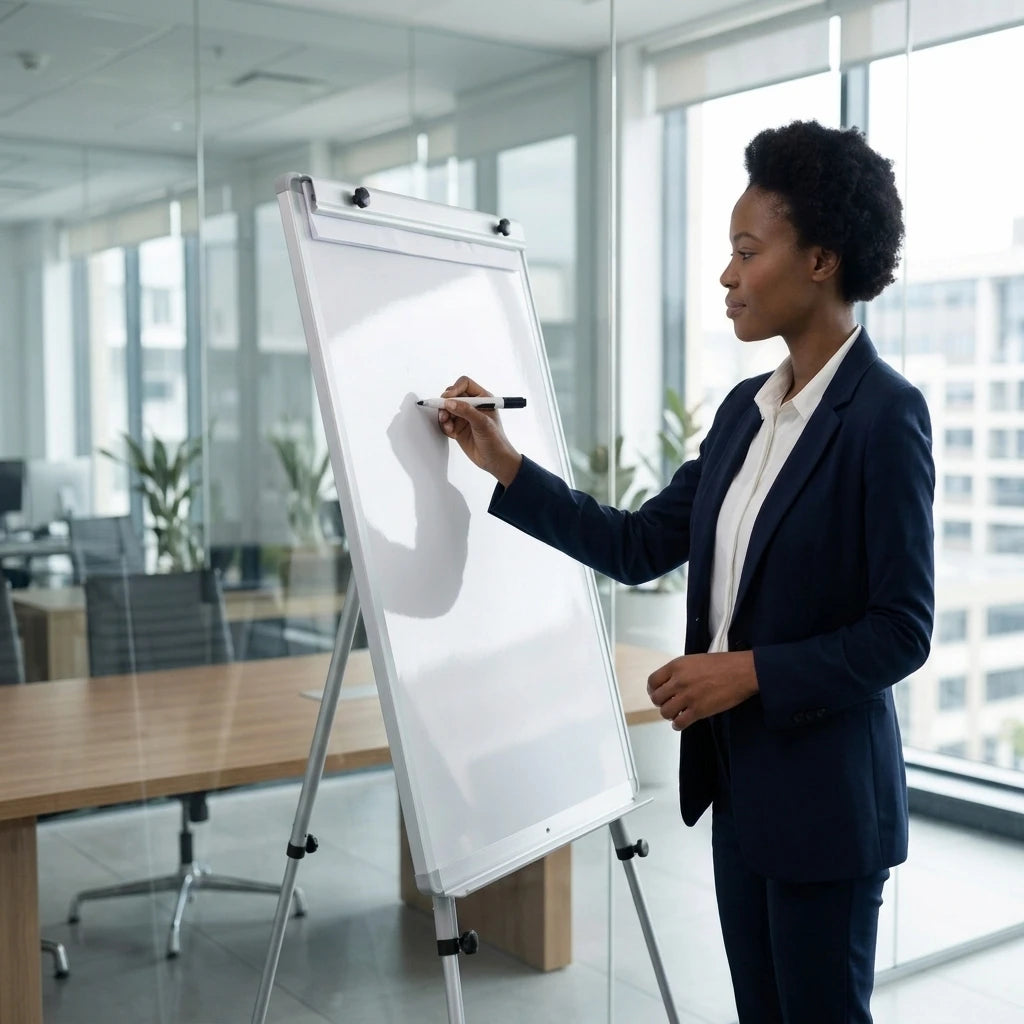 A woman in a navy blue blazer and white blouse stands beside a white flip chart on an easel, writing on it in a modern glass-walled office.