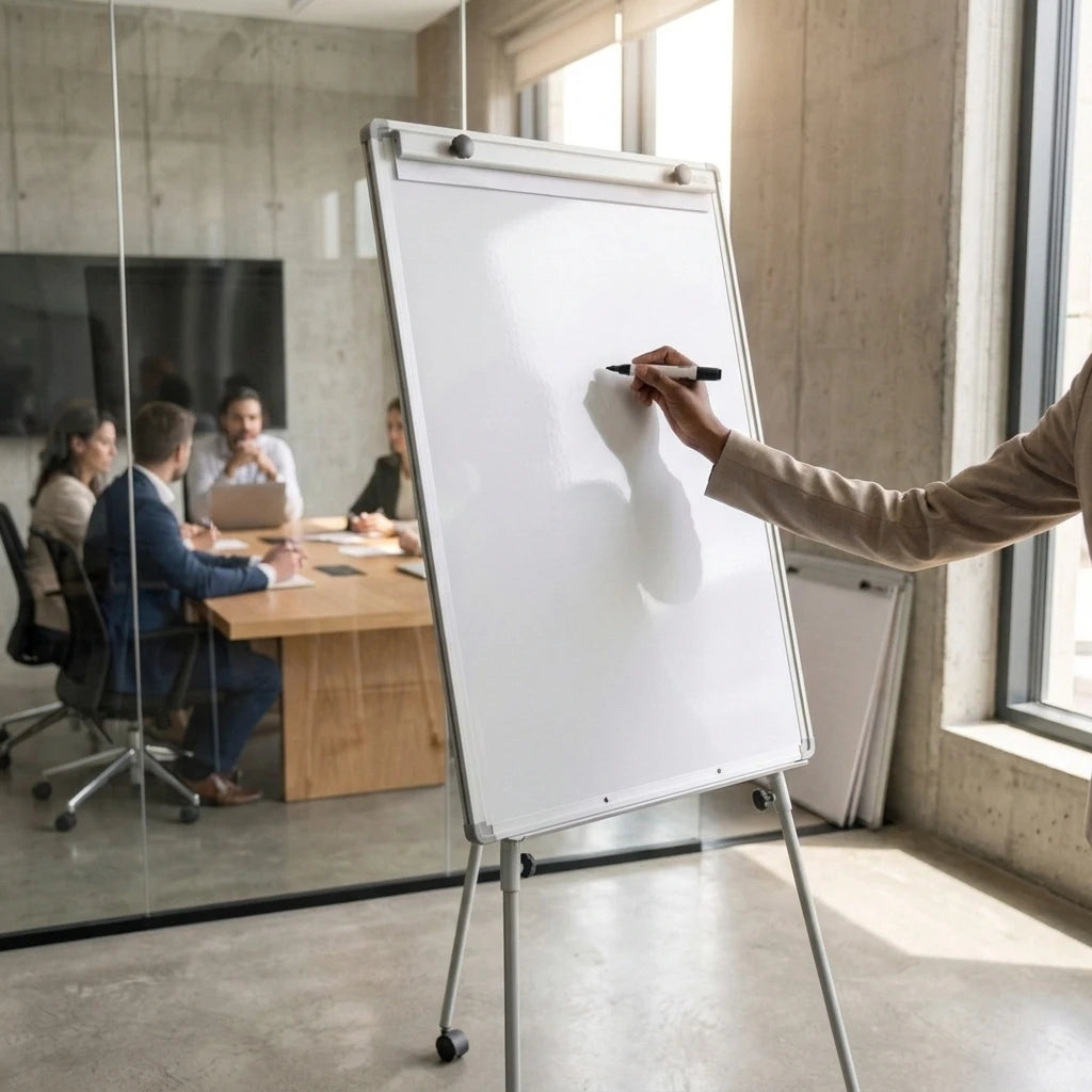 A white flipchart on a metal easel in a modern office, with a person's arm visible writing on the board. In the background, a glass-walled conference room shows several people seated around a table.