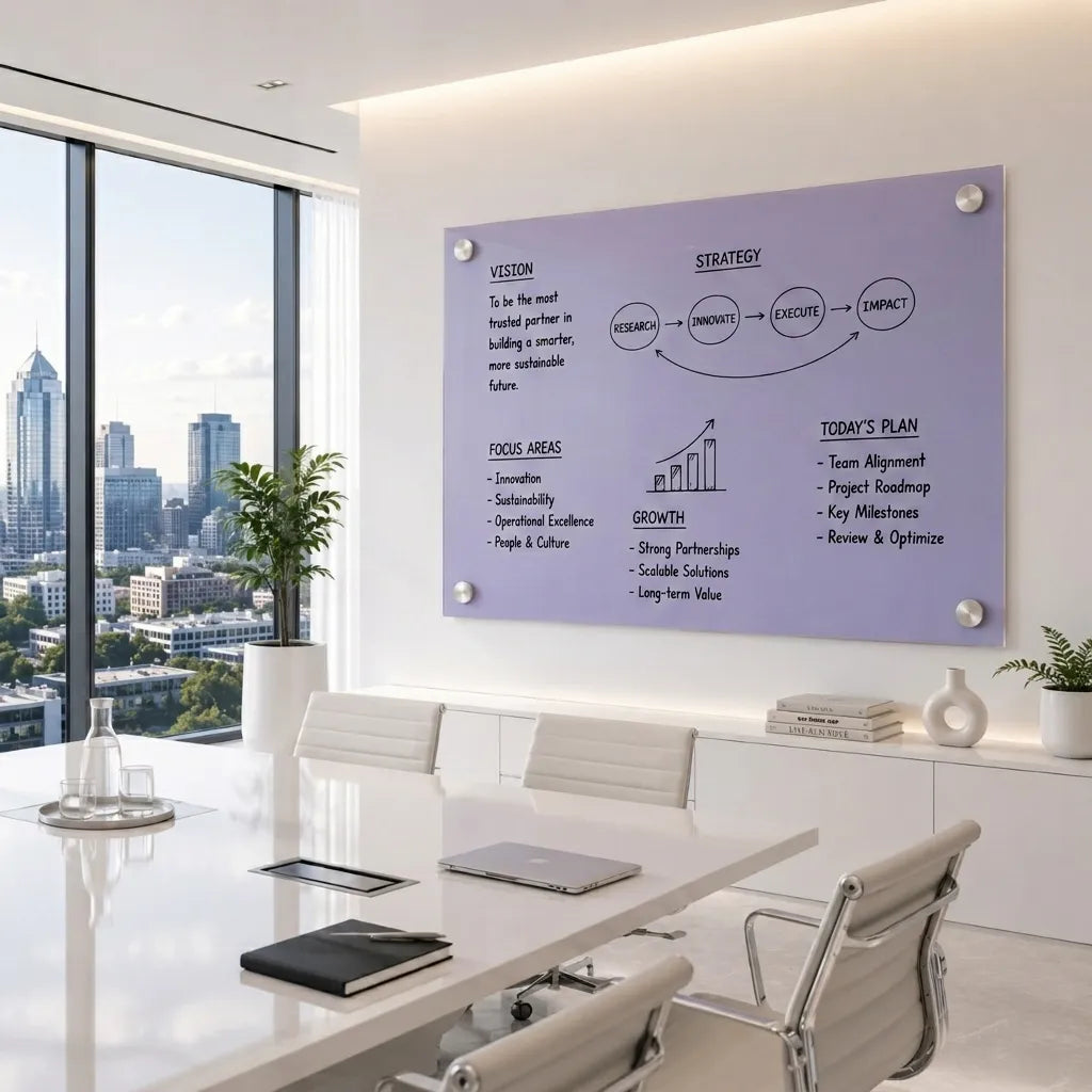 a sandblasted glass whiteboard in an office boardroom.
