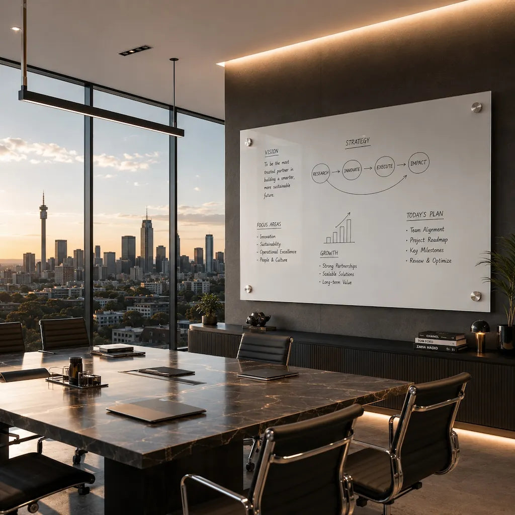 a glass whiteboard in an office boardroom with the johannesburg city landscape in the background 