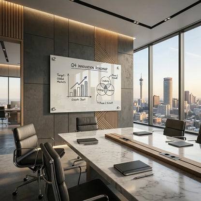 a glass whiteboard in an office boardroom with the johannesburg city landscape in the background 