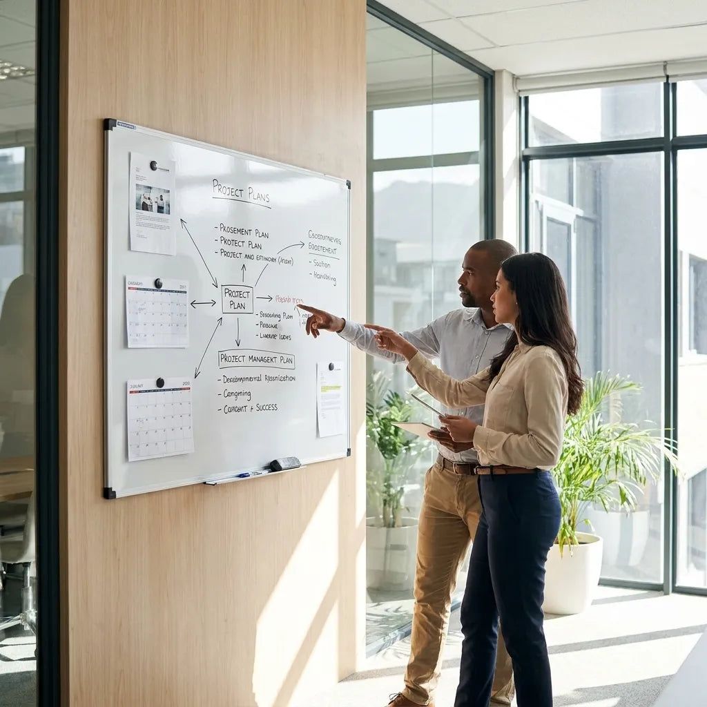 Modern office team collaborating beside a magnetic whiteboard with project planning notes in a sunlit workspace.