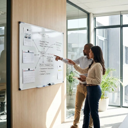 Modern office team collaborating beside a magnetic whiteboard with project planning notes in a sunlit workspace.