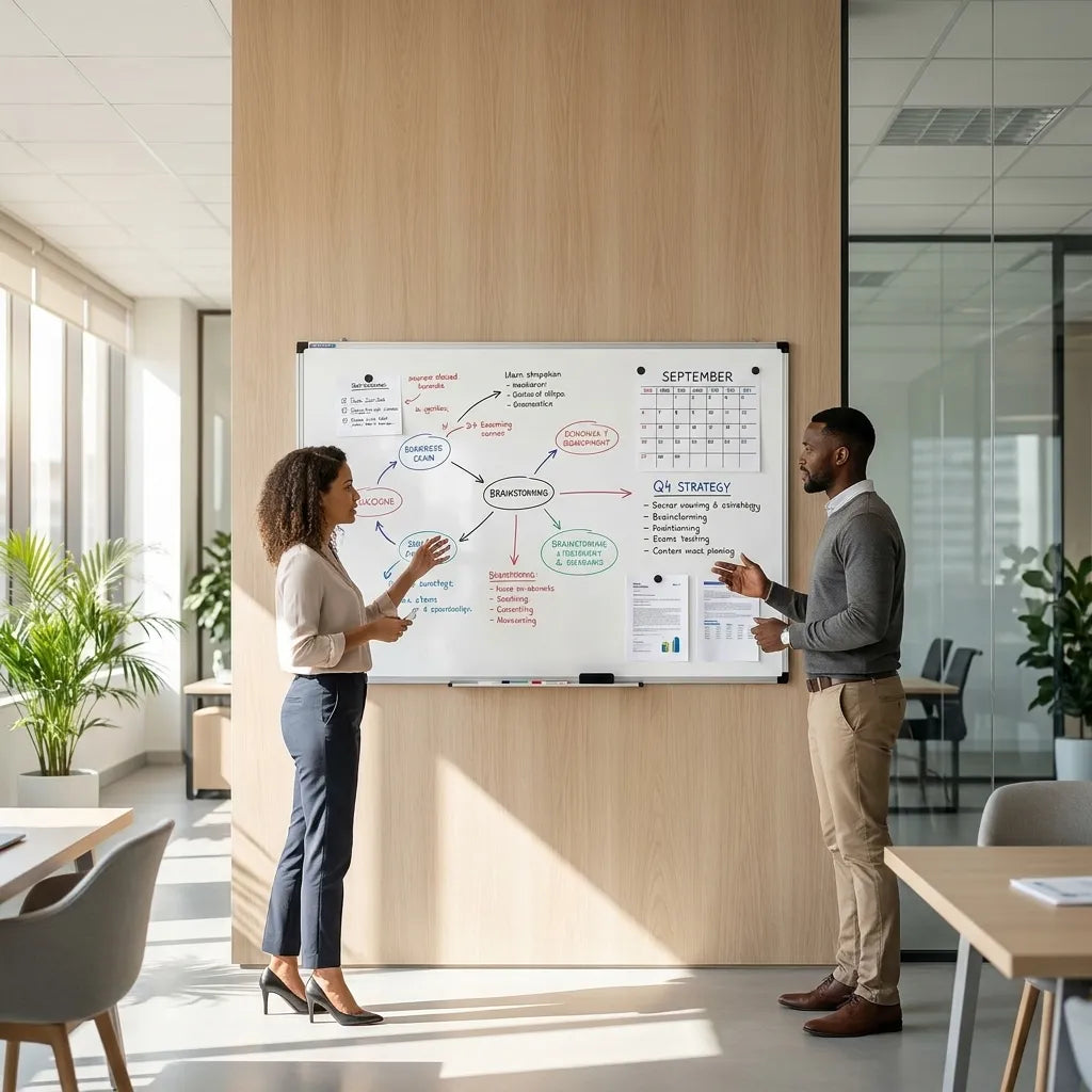 Modern office team collaborating beside a magnetic whiteboard with project planning notes in a sunlit workspace.