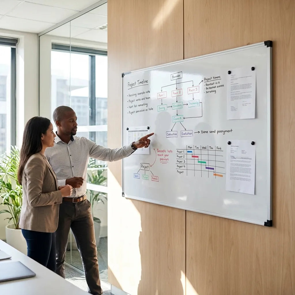 Modern office team collaborating beside a magnetic whiteboard with project planning notes in a sunlit workspace.