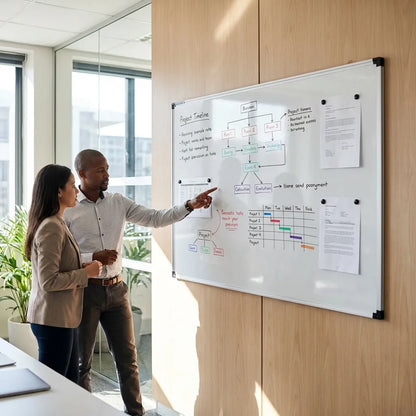 Modern office team collaborating beside a magnetic whiteboard with project planning notes in a sunlit workspace.