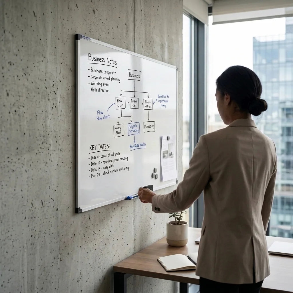 A magnetic whiteboard on a cement wall in an office with a lady reaching for a whiteboard marker