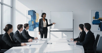 Woman giving a presentation to a group of people in a modern office setting stading next to a mobile whiteboard