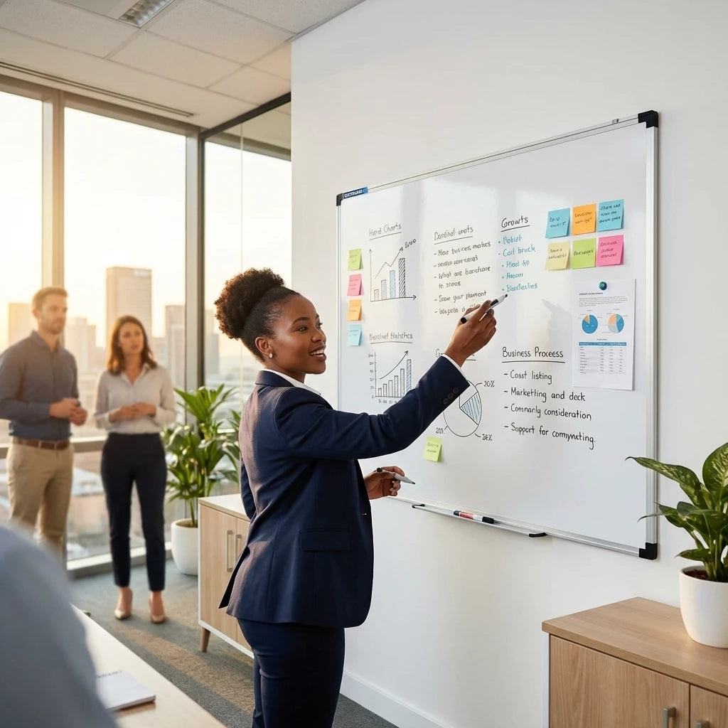 Woman presenting in an office with a whiteboard and sticky notes.