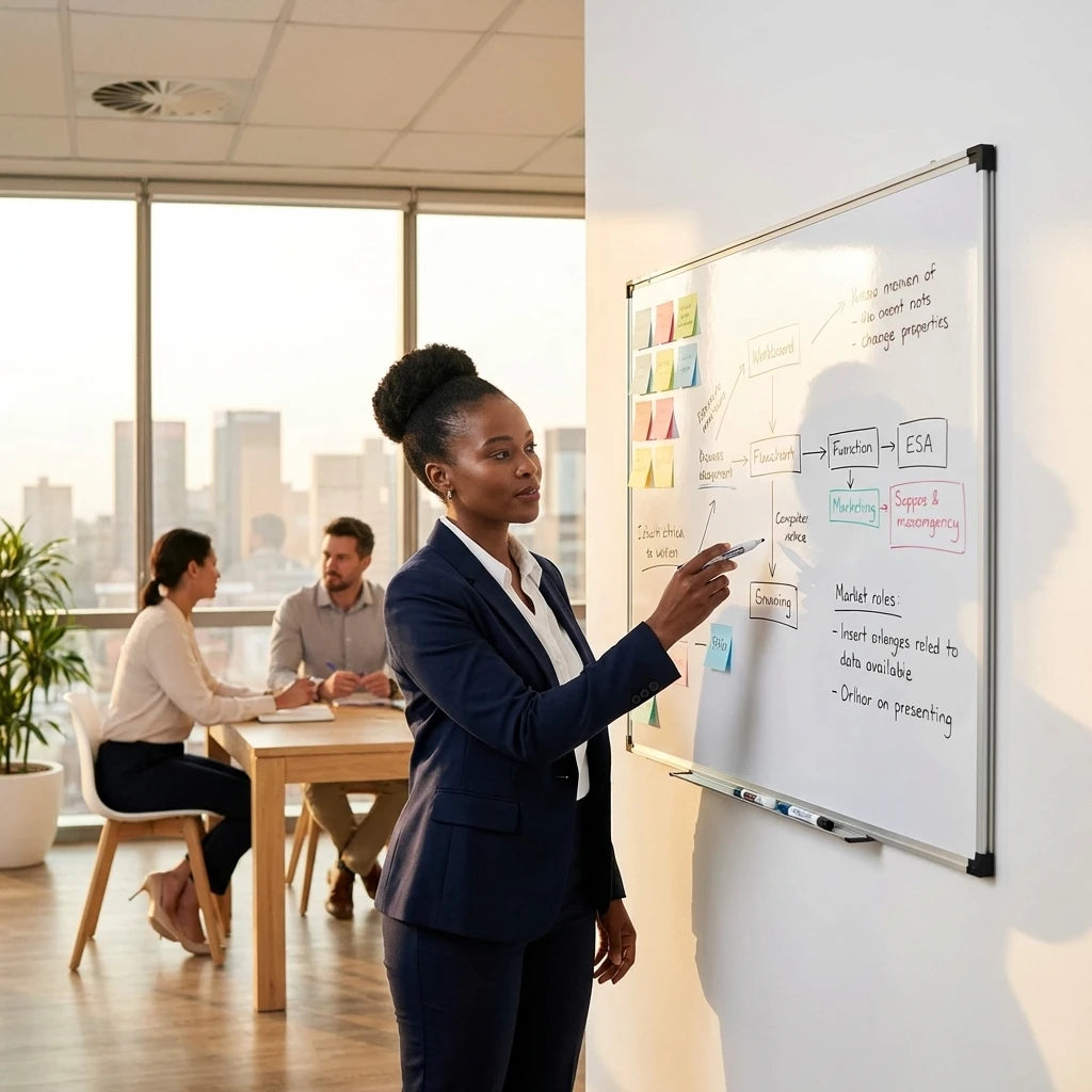 Woman presenting in front of a whiteboard with colleagues at a table in the background.