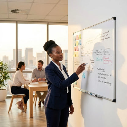 Woman presenting in front of a whiteboard with colleagues at a table in the background.