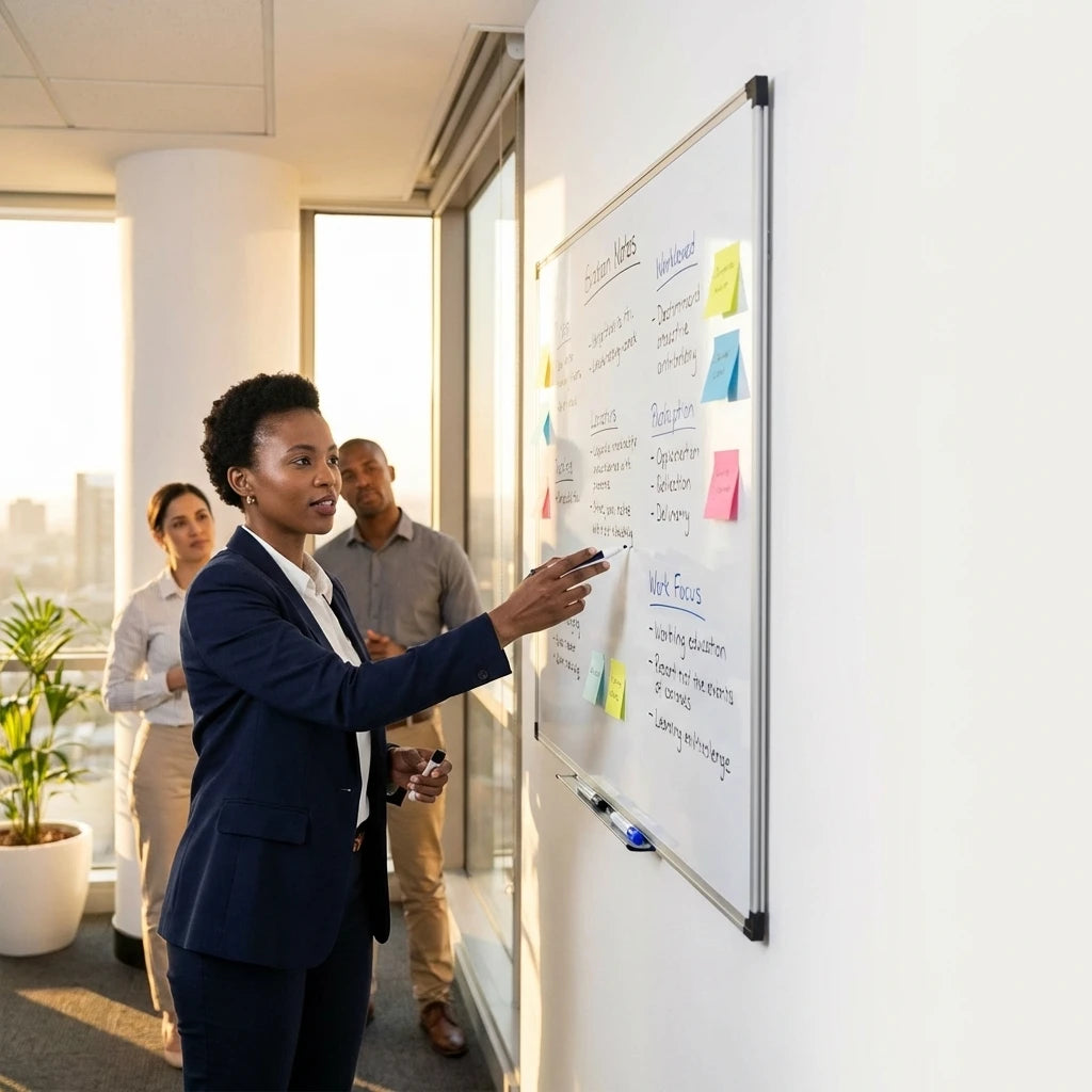 Woman pointing at a whiteboard with sticky notes in an office setting