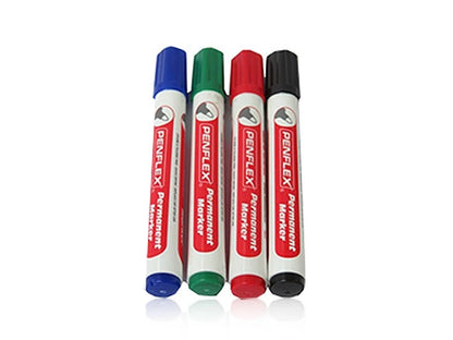 Set of four whiteboard markers in blue, green, red, and black with red and white labels