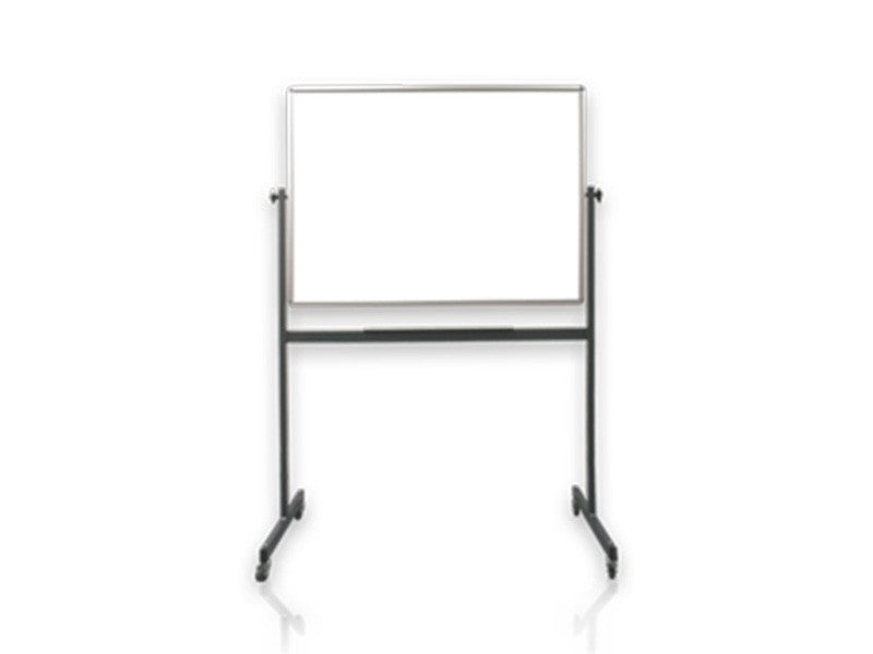 Reversible mobile whiteboard with metal frame on wheeled stand. Double-sided design for expanded presentation space in classrooms and meetings.