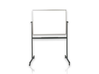 Reversible mobile whiteboard with metal frame on wheeled stand. Double-sided design for expanded presentation space in classrooms and meetings.