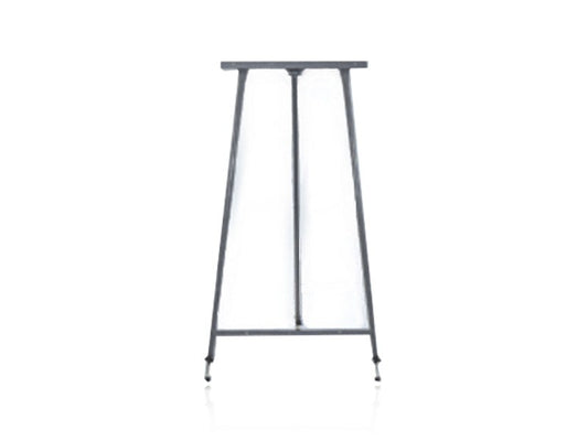A gray metal tripod easel with adjustable legs for height against a white background.