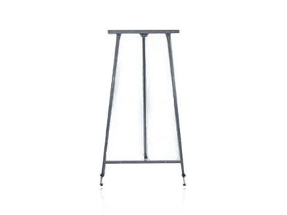 A gray metal tripod easel with adjustable legs for height against a white background.