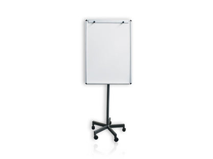 A white magnetic flip chart stand with a steel frame and castor wheels for mobility, featuring adjustable height telescopic legs.