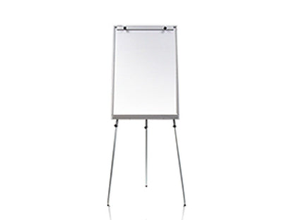 A white magnetic flip chart stand with telescopic legs, displayed against a white background.