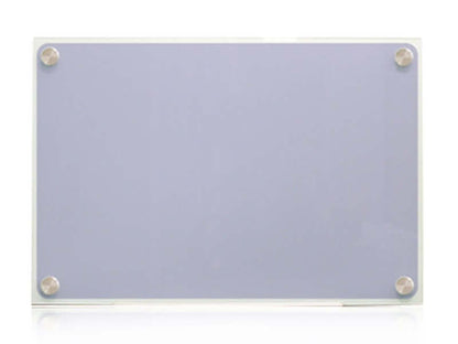 Frameless sandblasted glass whiteboard with polished edges and stainless steel mounting fixtures