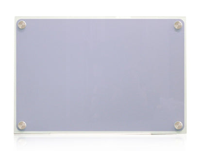 Frameless sandblasted glass whiteboard with polished edges and stainless steel mounting fixtures