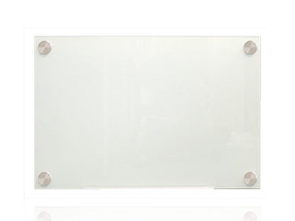 Frameless glass whiteboard with polished edges and stainless steel mounting fixtures, 6mm thick glass for modern office or classroom use