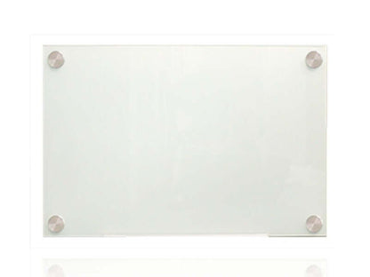 Frameless glass whiteboard with polished edges and stainless steel mounting fixtures, 6mm thick glass for modern office or classroom use