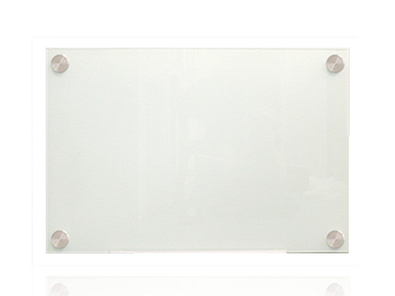 Frameless glass whiteboard with polished edges and stainless steel mounting fixtures, 6mm thick glass for modern office or classroom use