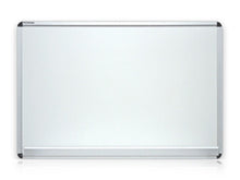 Load image into Gallery viewer, This image shows a rectangular whiteboard with a silver frame. The corners of the frame are reinforced with black plastic. The whiteboard has a tray at the bottom for holding markers and erasers.
